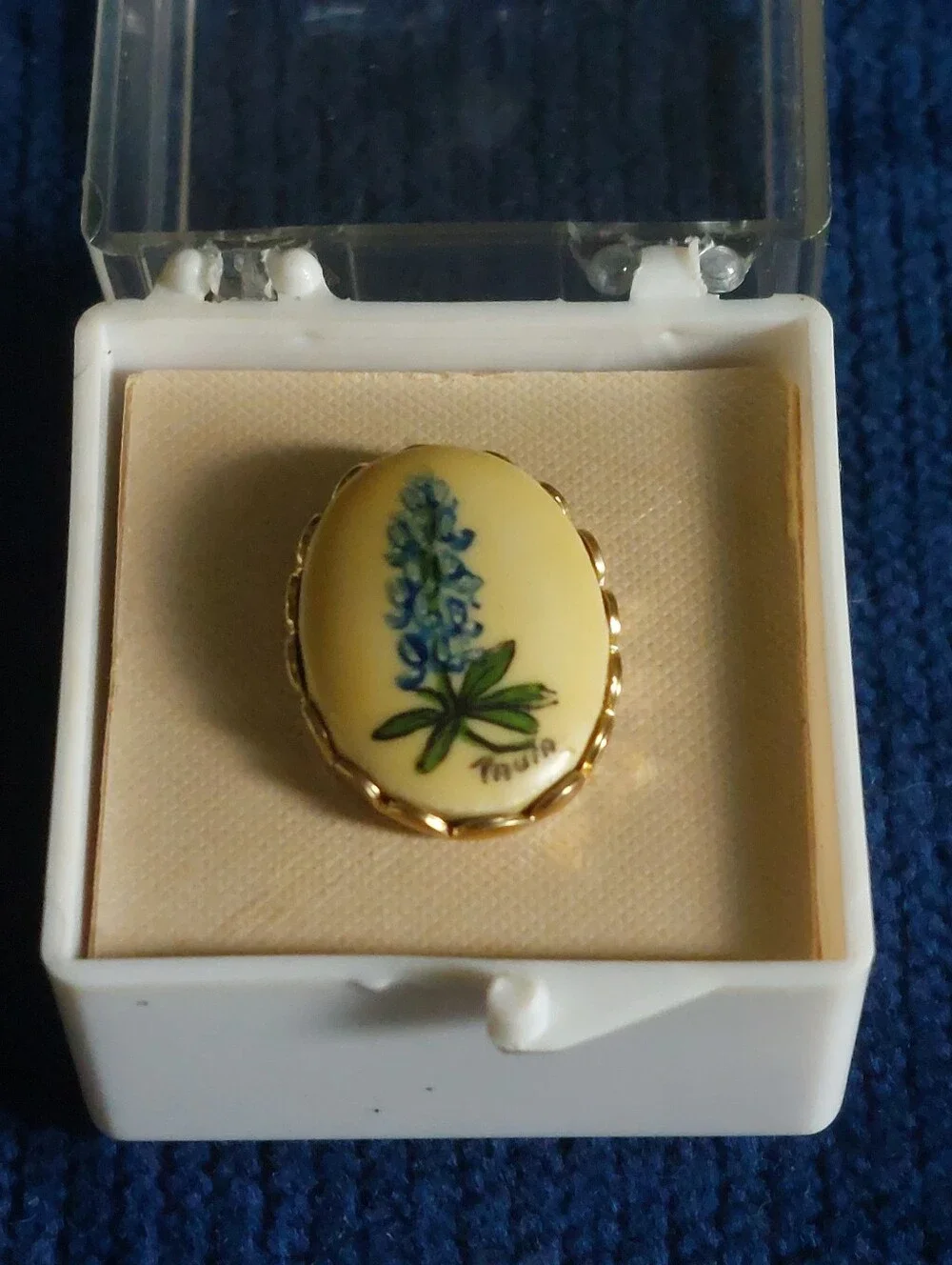 Vintage Signed Paula Hand-Painted Procelain Texas Bluebonnet Tie Tack